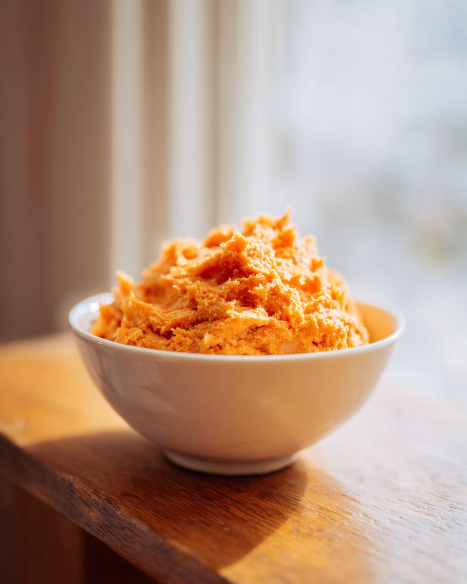 A close-up of vibrant orange pumpkin fluff piled high in a white bowl, set on a wooden surface near a window.