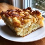 A close-up slice of moist caramel apple dump cake topped with gooey caramel sauce on a white plate.