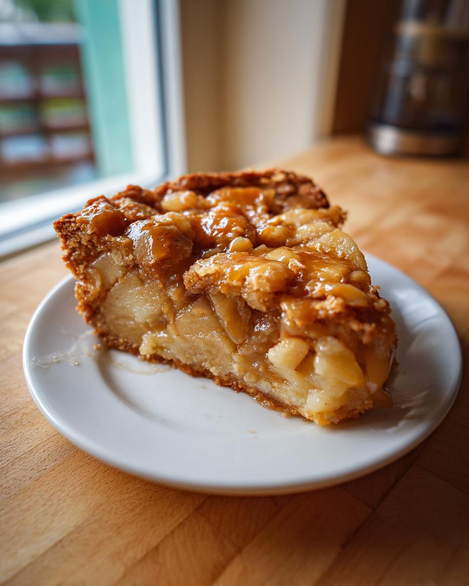 A close-up of a thick slice of caramel apple dump cake, heavily drizzled with caramel sauce, served on a white plate.