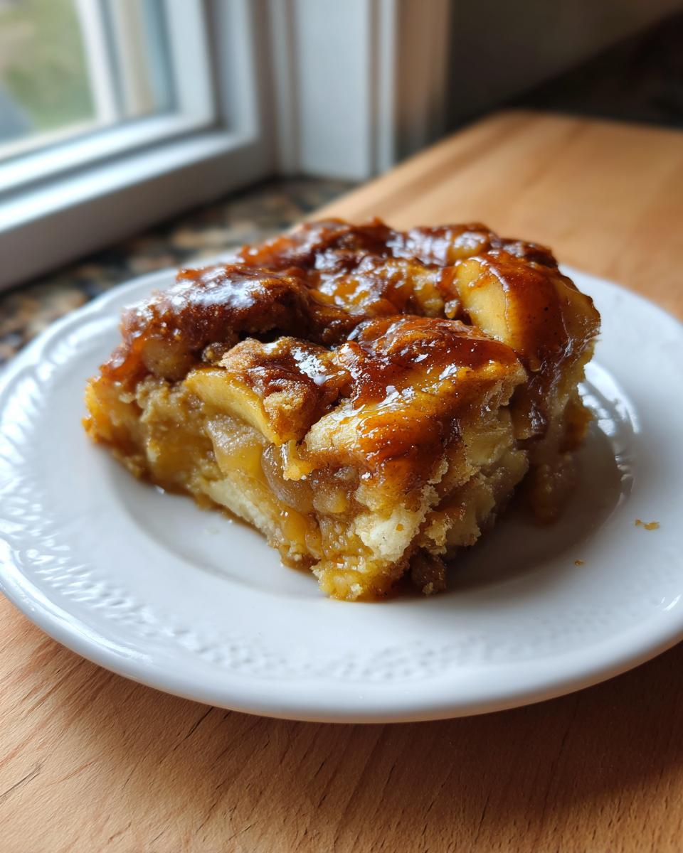 A square slice of warm caramel apple dump cake topped with gooey caramel sauce on a white plate.