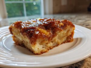 Close-up of a square slice of caramel apple dump cake with a thick, shiny caramel topping on a white plate.