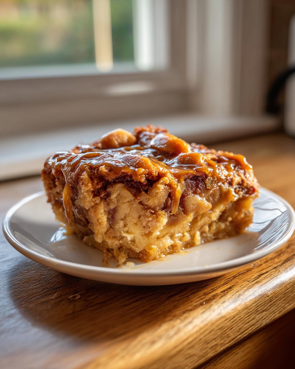 A warm slice of caramel apple dump cake, rich with caramel sauce and nuts, served on a small white plate.