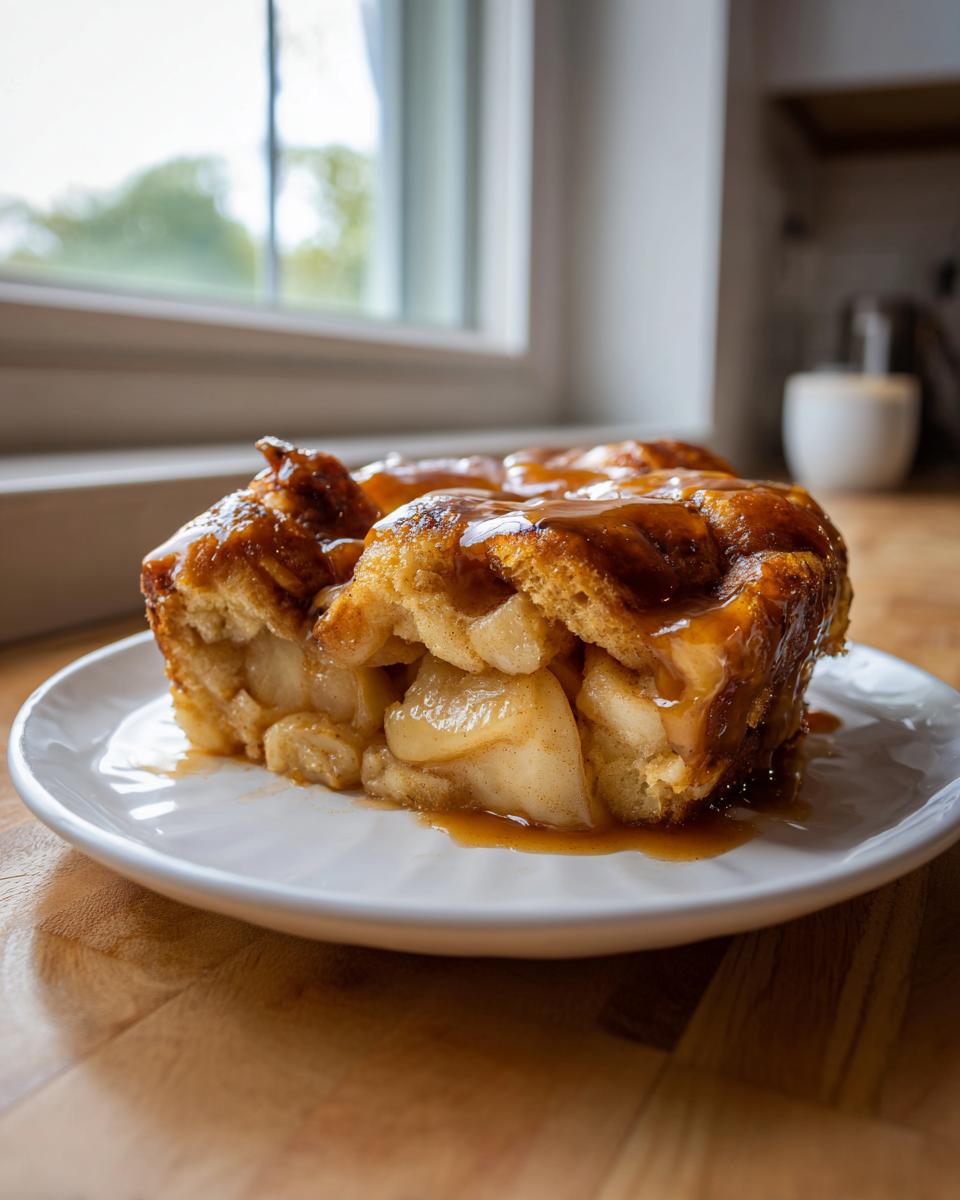 A generous slice of warm caramel apple dump cake, loaded with soft apples and drizzled with thick caramel sauce.