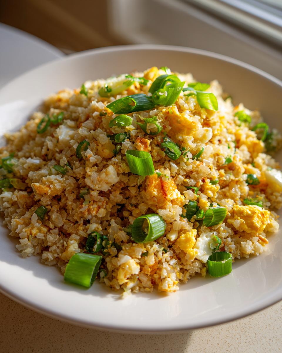 Close-up of a white bowl filled with cauliflower fried rice mixed with scrambled egg and topped with fresh green scallions.