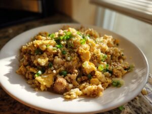 A white plate piled high with golden cauliflower fried rice, mixed with scrambled egg and topped with fresh green scallions.