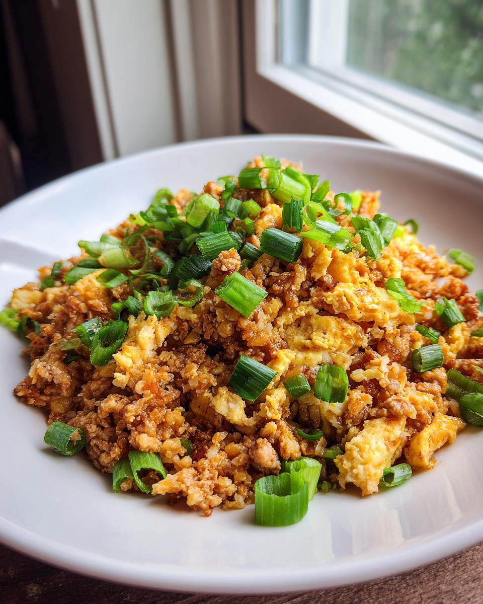 A close-up of savory cauliflower fried rice mixed with scrambled egg and heavily garnished with fresh chopped green onions.