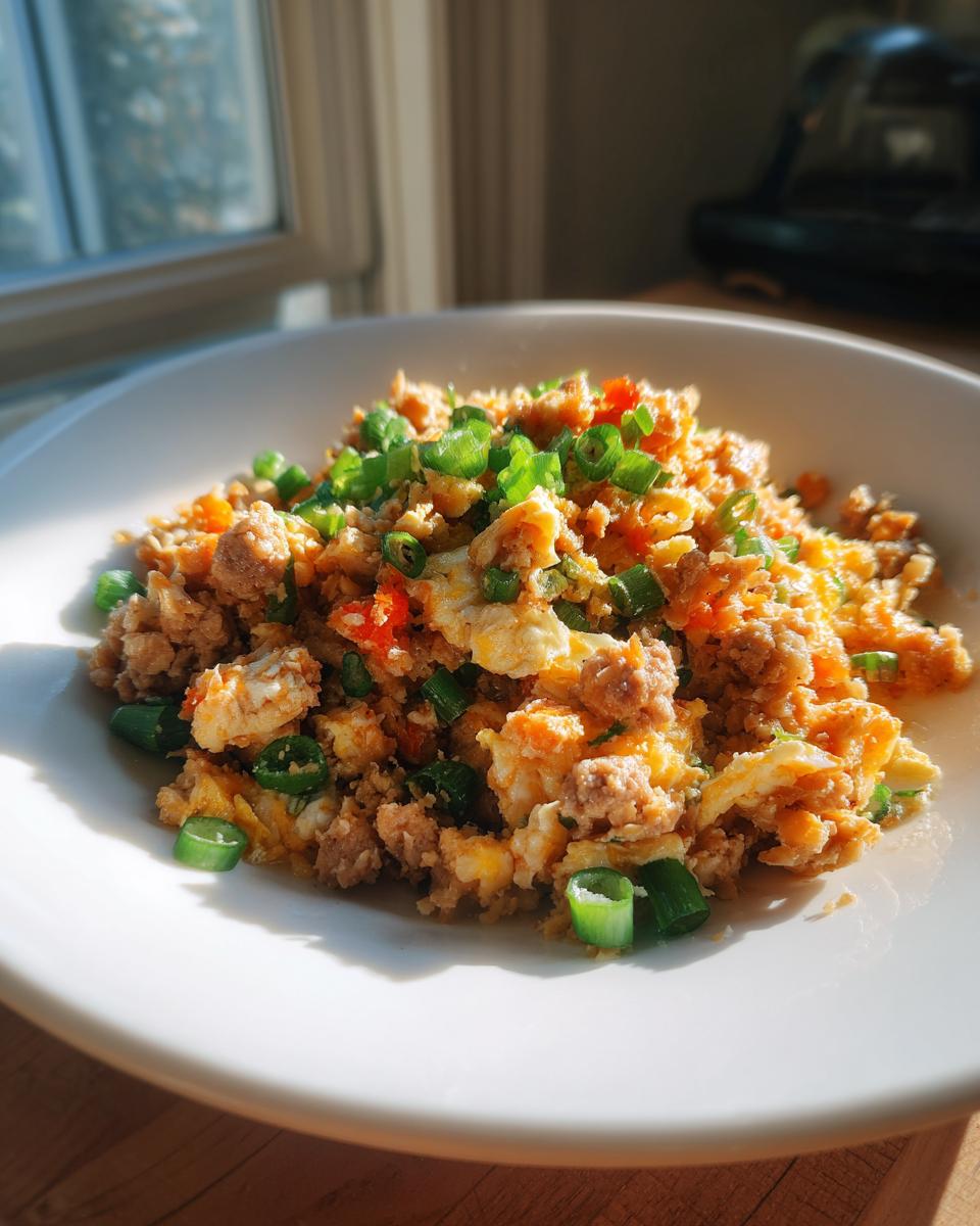 Close-up of cauliflower fried rice mixed with scrambled egg and topped with bright green scallions.