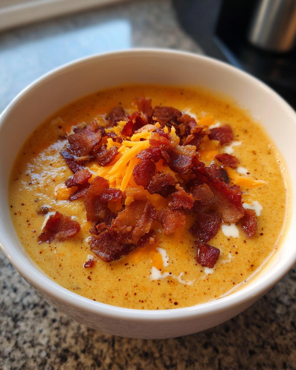 A close-up of a bowl of creamy cheeseburger soup recipe, garnished generously with shredded cheddar and crispy bacon bits.