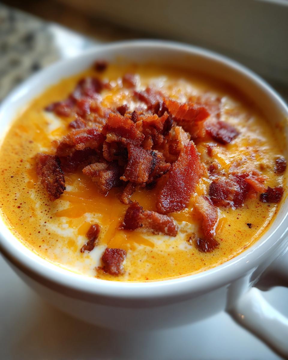 Close-up of creamy, orange cheeseburger soup recipe topped generously with crispy bacon bits and melted cheddar.
