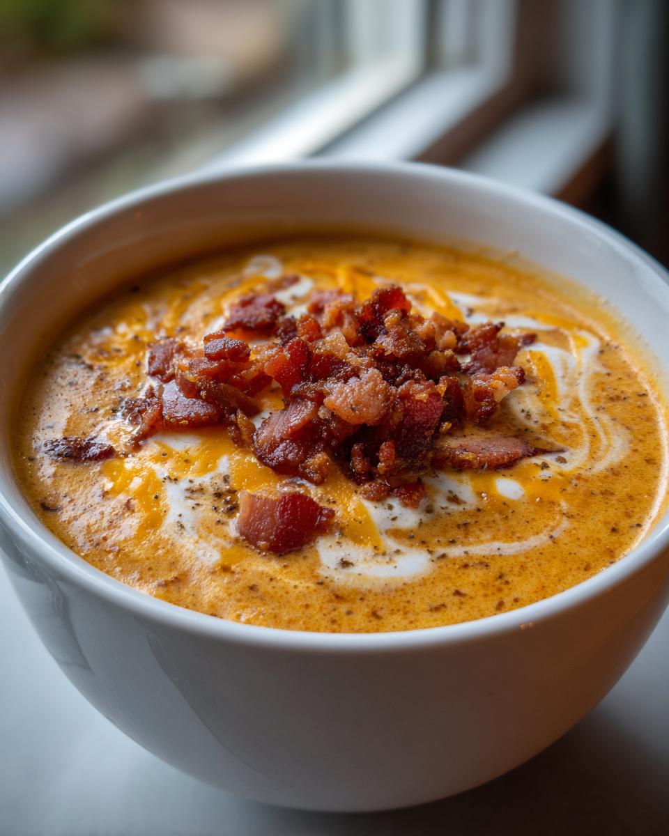 Close-up of a creamy, orange cheeseburger soup recipe garnished with crumbled bacon and a swirl of cream.