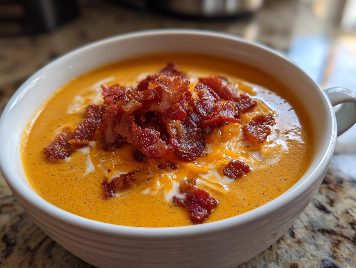 A close-up of a bowl of creamy orange cheeseburger soup recipe, topped with crispy bacon bits and melted cheddar cheese.