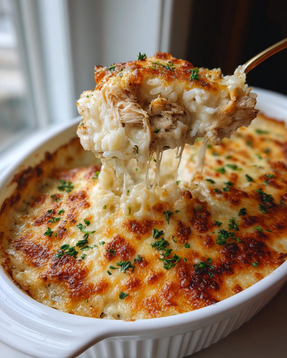 A spoonful of creamy, cheesy chicken and rice casserole being lifted from a white baking dish, showing a significant cheese pull.