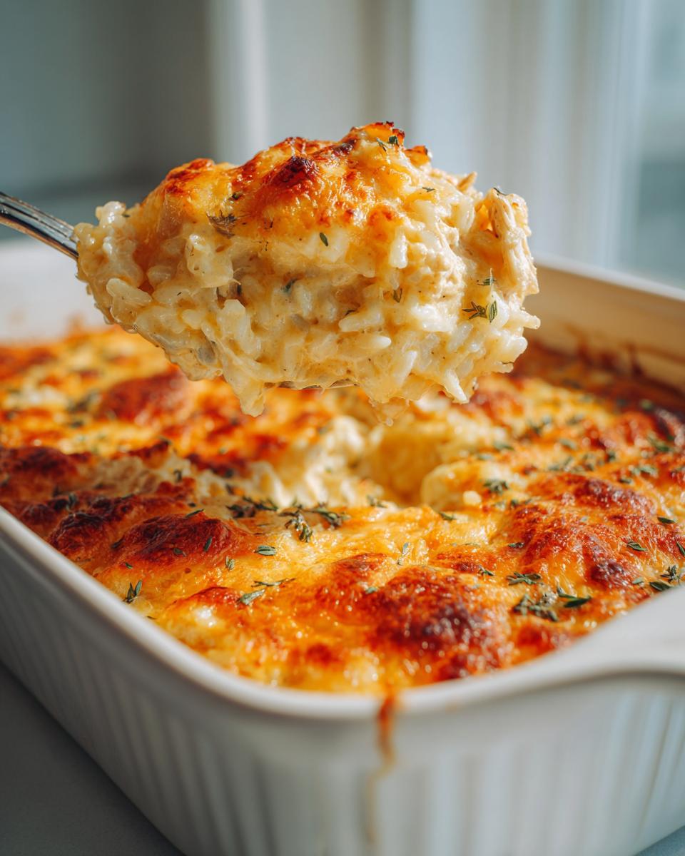A spoonful of creamy, cheesy chicken and rice casserole being lifted from a white baking dish.