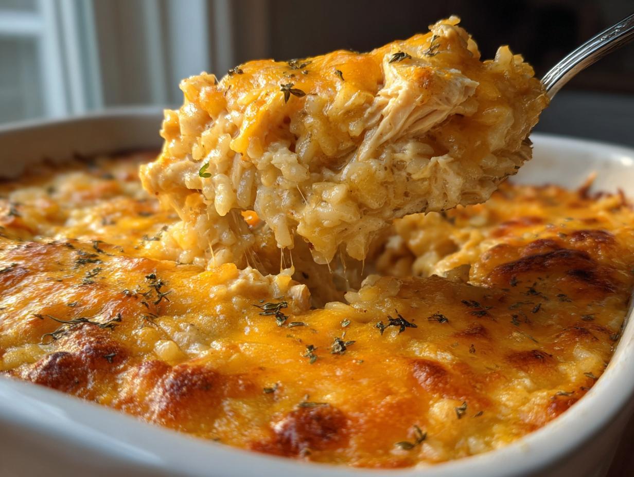 A spoonful of creamy, cheesy chicken and rice casserole being lifted from a baking dish, showing melted cheese pull.