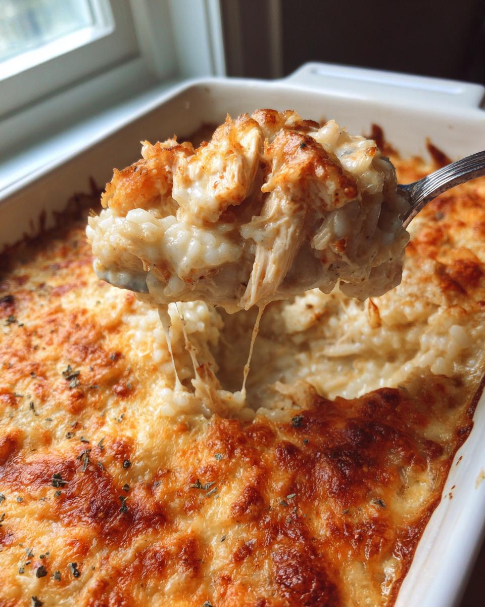 A spoonful of creamy, cheesy chicken and rice casserole being lifted from a baking dish, showing melted cheese pull.