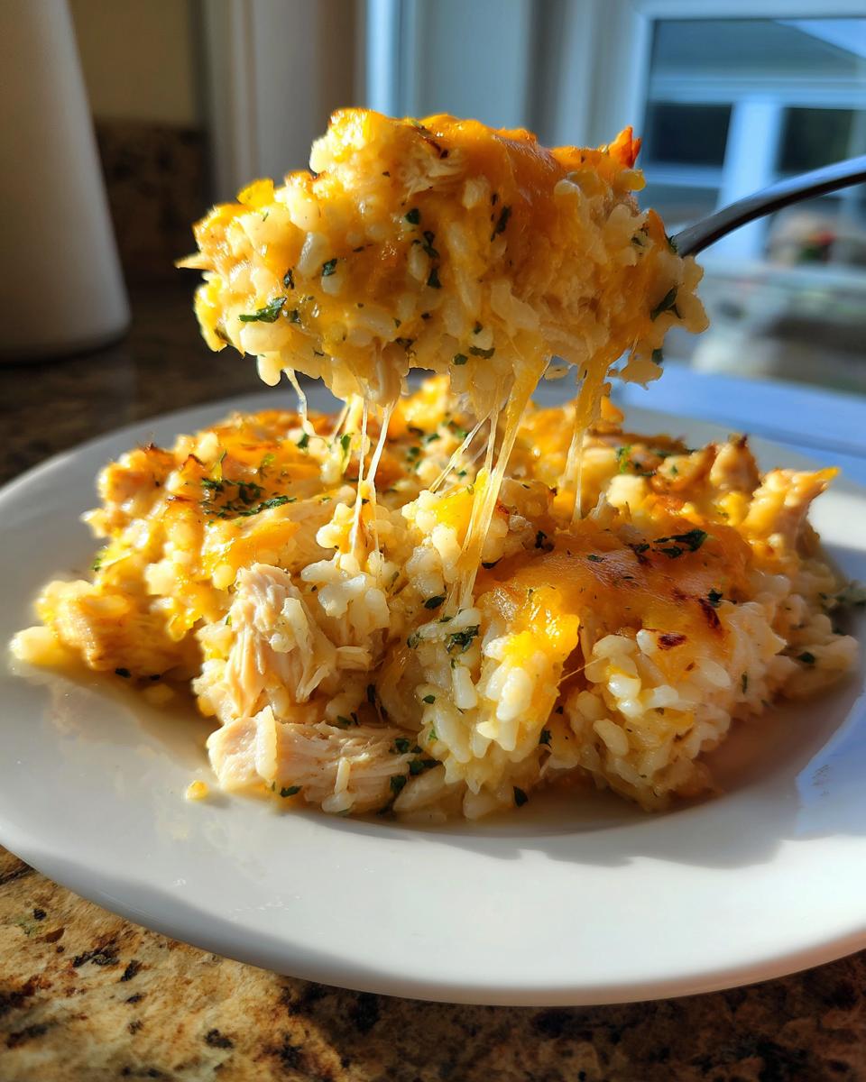 A fork lifting a serving of cheesy chicken and rice, showing long, melted cheese strings stretching from the plate.