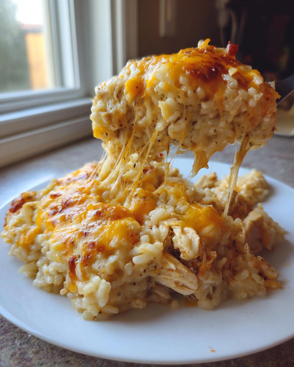 A spoonful of cheesy chicken and rice lifts from the plate, showing long, melted cheese strings.