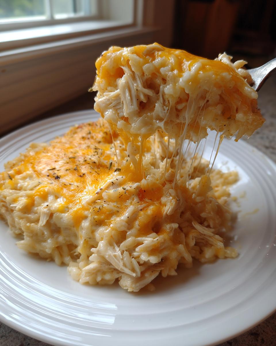 A fork lifts a serving of cheesy chicken and rice, showing long, gooey cheese strings stretching from the main dish.