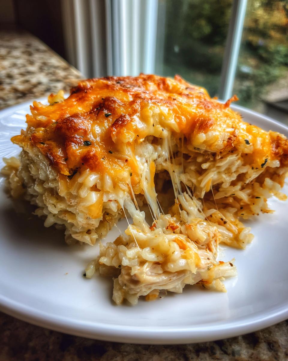 A serving of cheesy chicken and rice casserole showing a dramatic cheese pull from the melted cheddar topping.