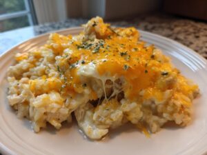 A close-up of cheesy chicken and rice served on a white plate, topped with melted cheddar and parsley.