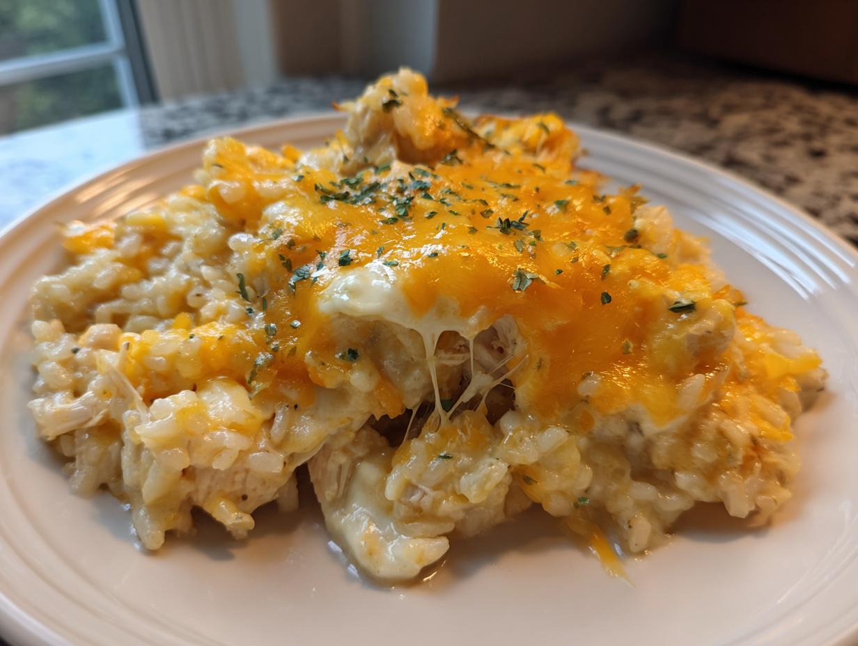 A close-up of cheesy chicken and rice served on a white plate, topped with melted cheddar and parsley.