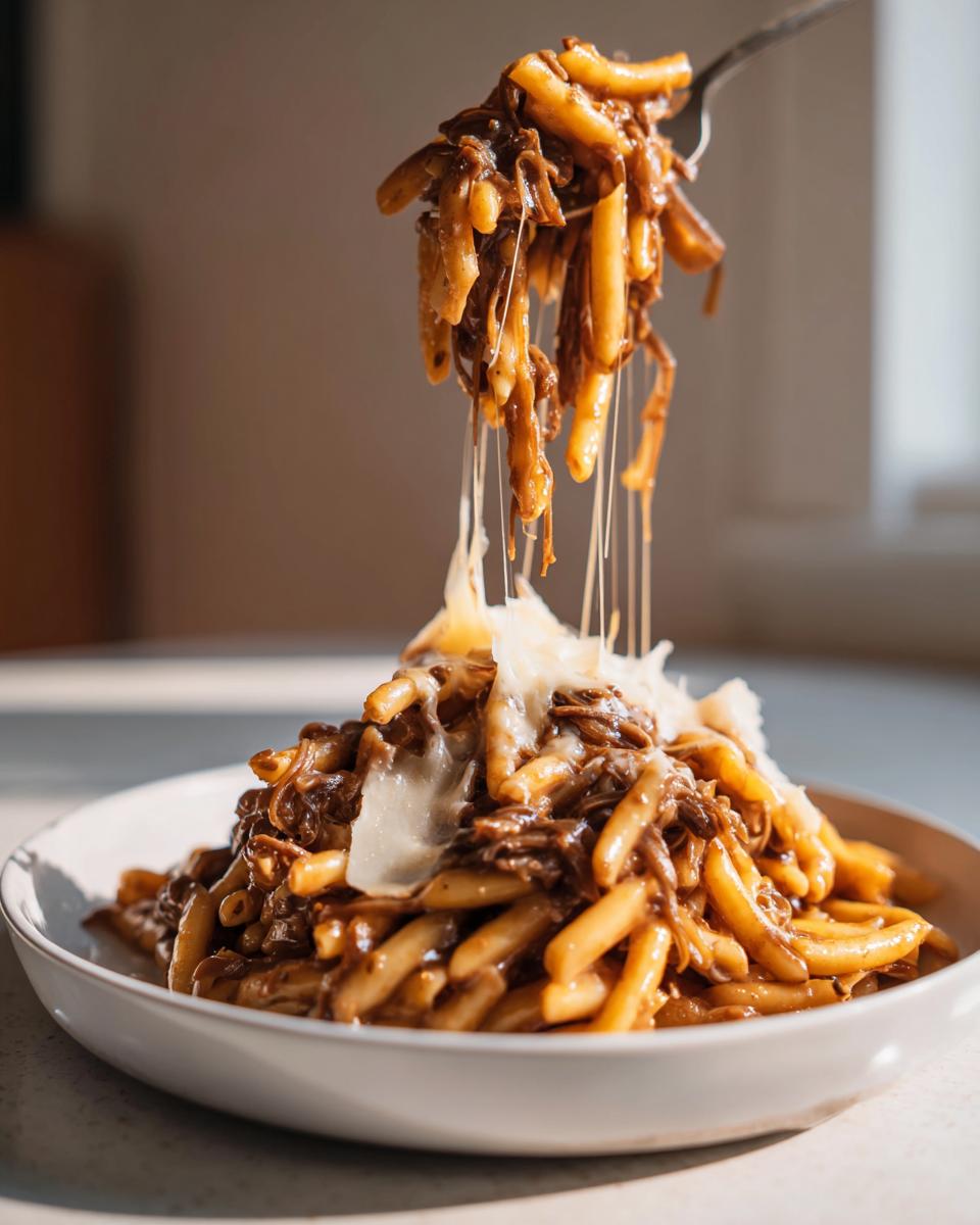 A fork lifts a portion of cheesy french onion pasta, showing long cheese pulls over a mound of rich brown pasta in a white bowl.