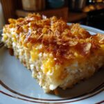 Close-up of a serving of creamy hashbrown casserole topped with melted cheese and crispy cornflakes.