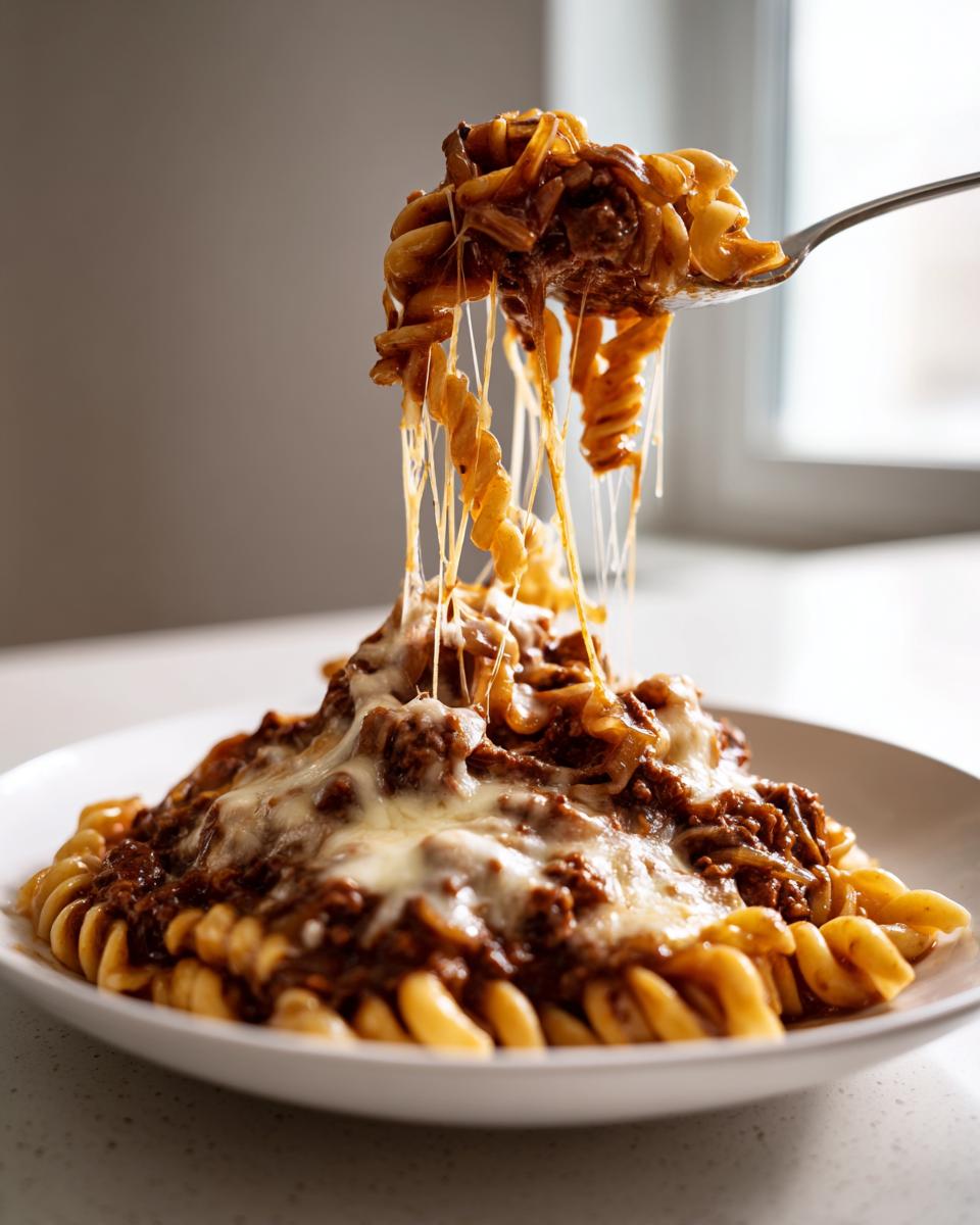 A fork lifts a bite of cheesy french onion pasta, showing long cheese pulls over a plate of saucy rotini.