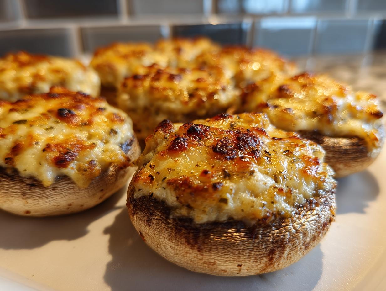 Several golden-brown, baked stuffed mushrooms with a cheesy, bubbly topping, ready to serve.