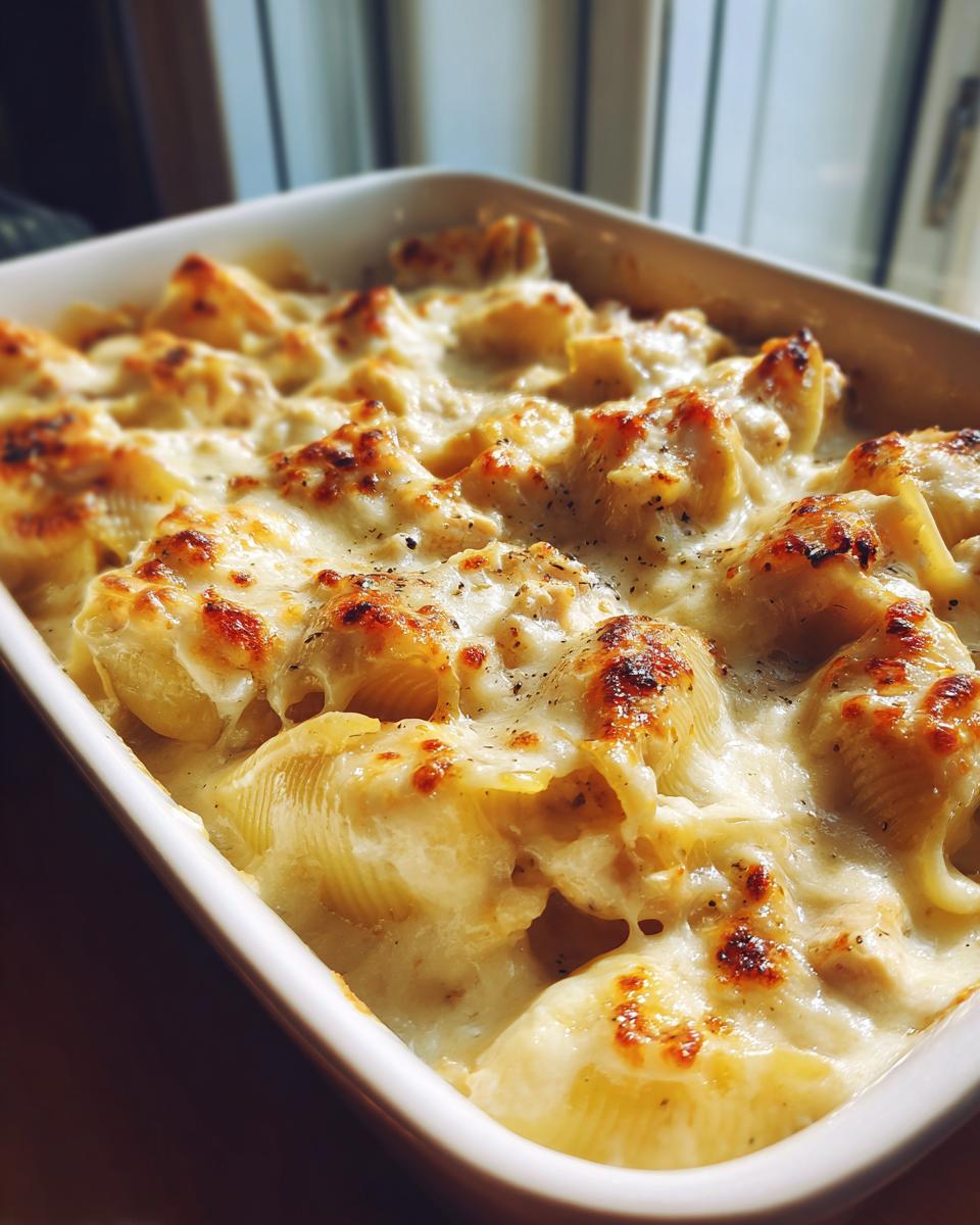 Close-up of baked chicken alfredo stuffed shells covered in bubbling, browned cheese sauce.