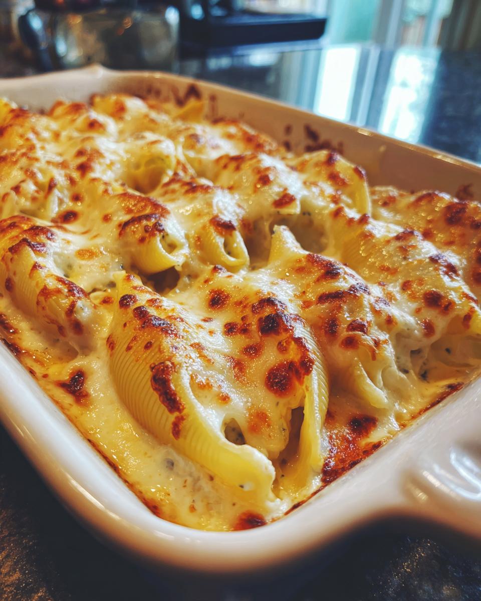 Close-up of baked chicken alfredo stuffed shells covered in bubbly, browned mozzarella cheese sauce.