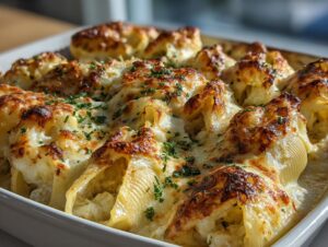 Close-up of baked chicken alfredo stuffed shells covered in melted, browned cheese and fresh parsley.