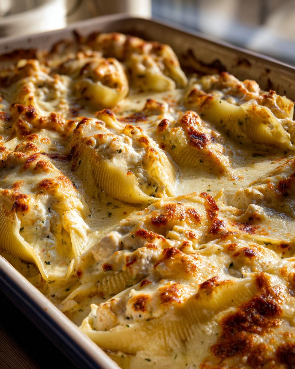 Close-up of baked chicken alfredo stuffed shells covered in creamy sauce and browned cheese.