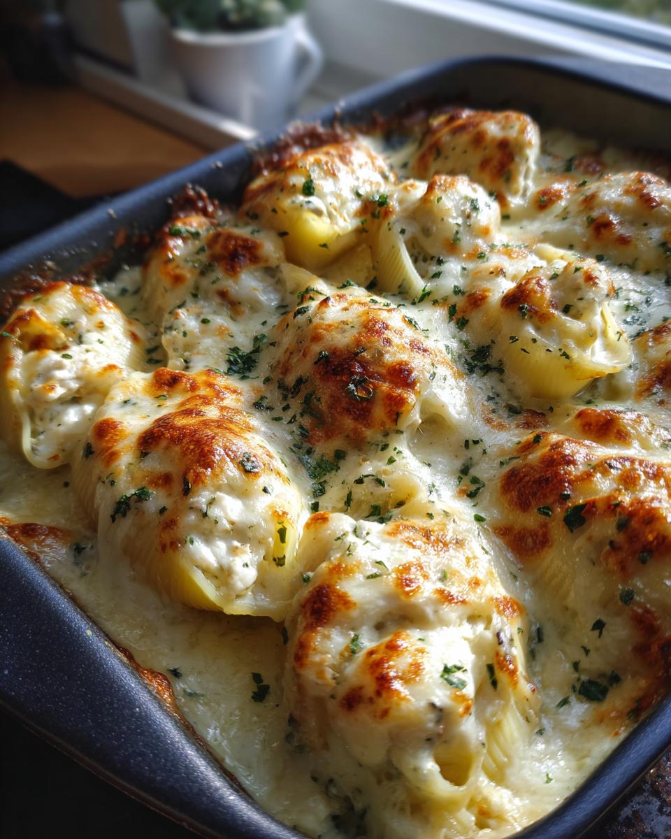 Close-up of baked chicken alfredo stuffed shells covered in melted, browned cheese and parsley.