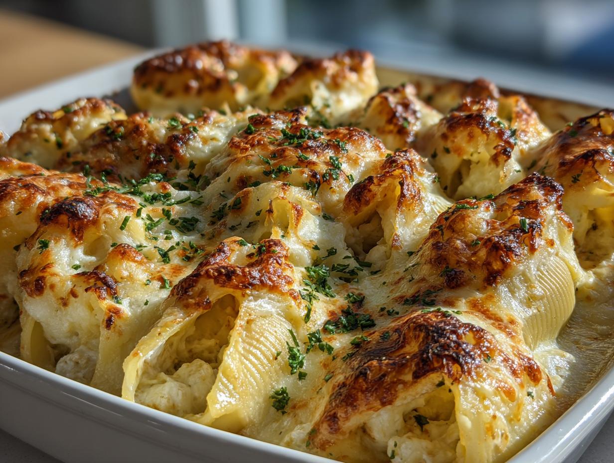 Close-up of baked chicken alfredo stuffed shells covered in melted, browned cheese and fresh parsley.