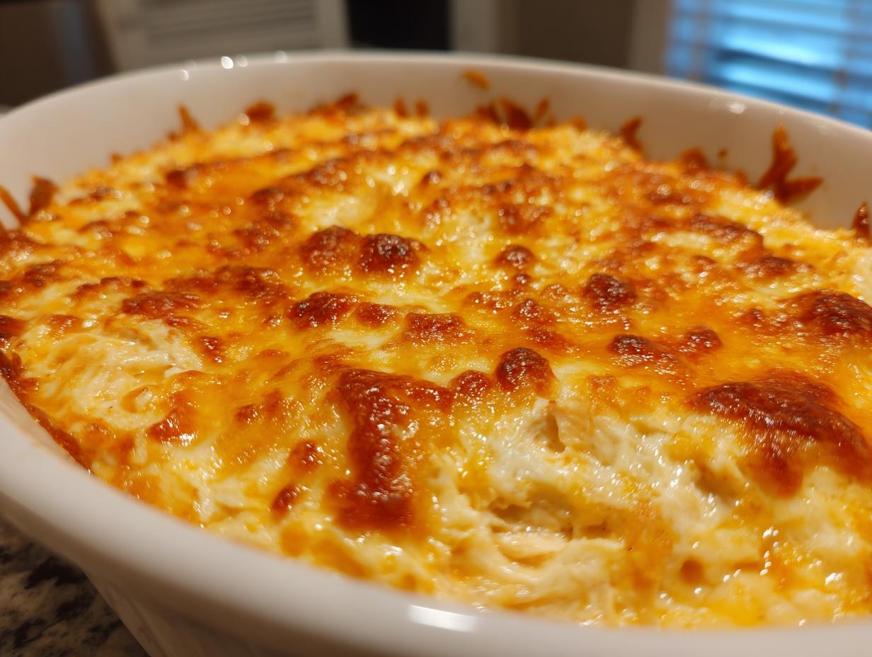 Close-up of a baked chicken enchilada dip with a bubbly, golden-brown melted cheese topping.