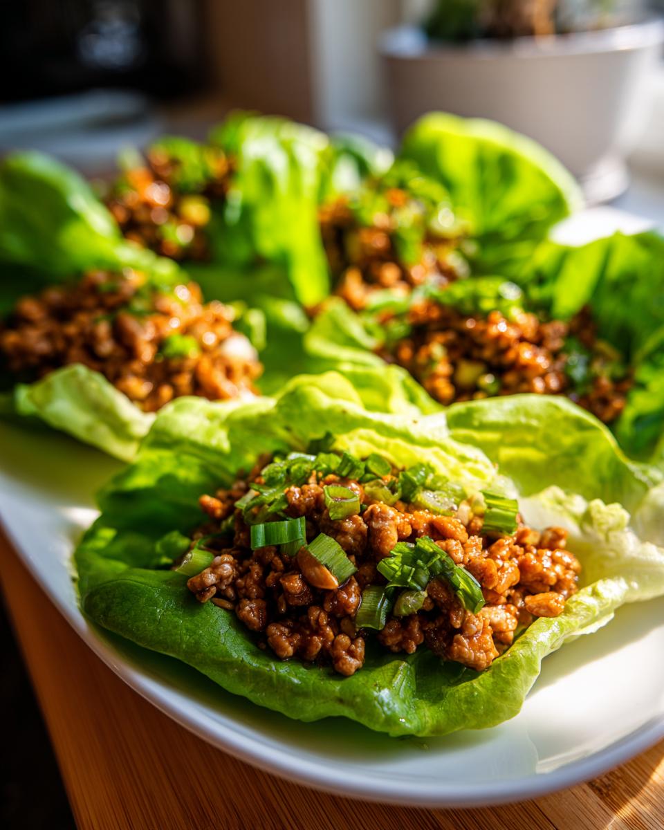 Several vibrant chicken lettuce wraps filled with savory ground chicken mixture and topped with green onions.
