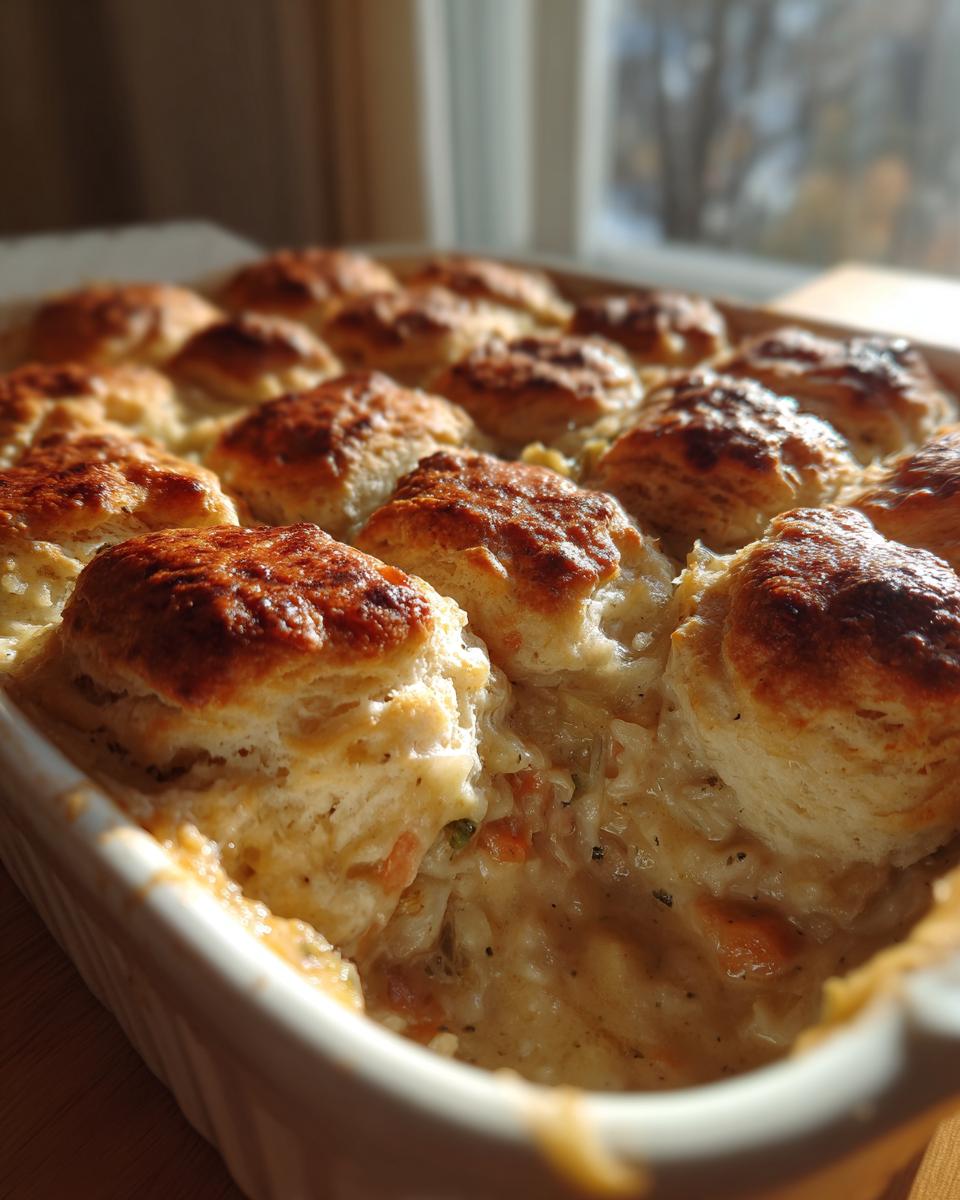 Close-up of a baked chicken pot pie casserole topped with golden brown biscuits, showing the creamy filling underneath.