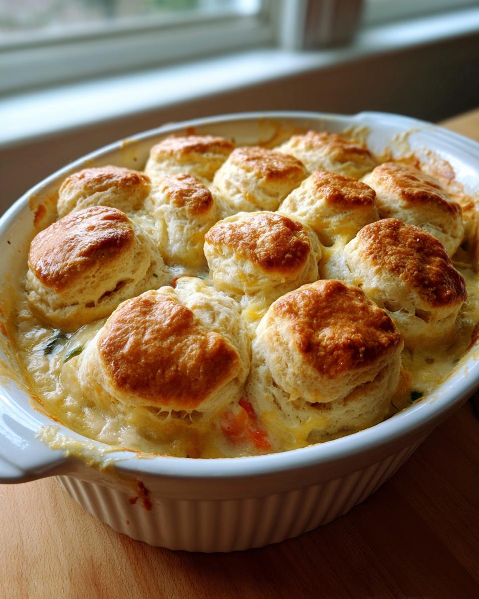 A white baking dish filled with bubbling chicken pot pie casserole topped with golden brown biscuits.