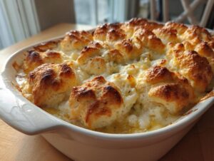 Close-up of a baked chicken pot pie casserole with golden biscuit topping bubbling in a white dish.