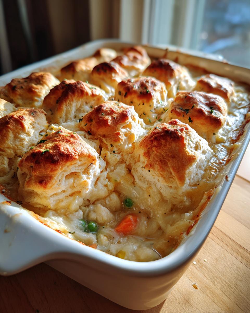 A white baking dish filled with bubbling chicken pot pie casserole topped with golden brown biscuits.