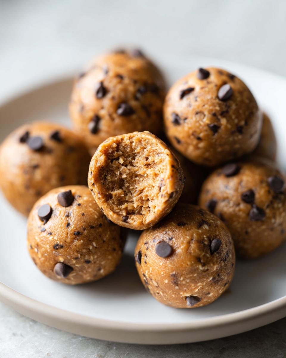 A stack of homemade chocolate chip protein balls, with one bitten in half showing the texture inside.