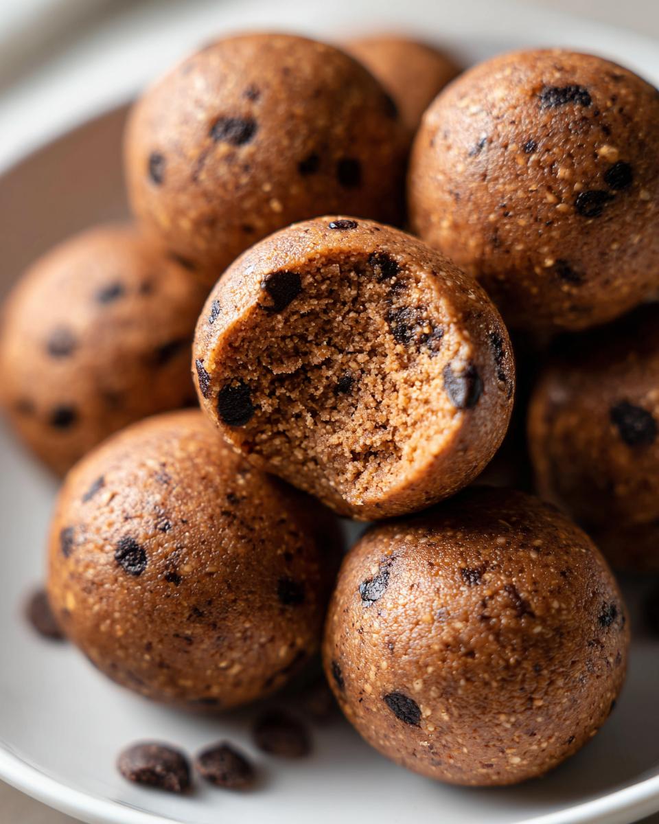 Close-up of several chocolate chip protein balls, one of which has a bite taken out showing the dense, textured interior.