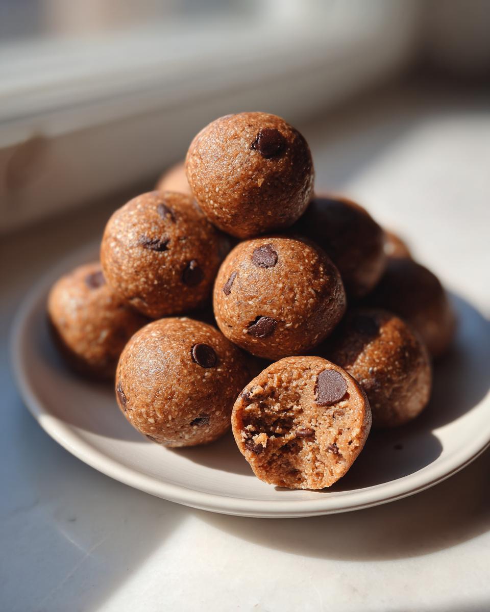 A stack of homemade chocolate chip protein balls piled high on a small white plate, with one ball bitten in half.