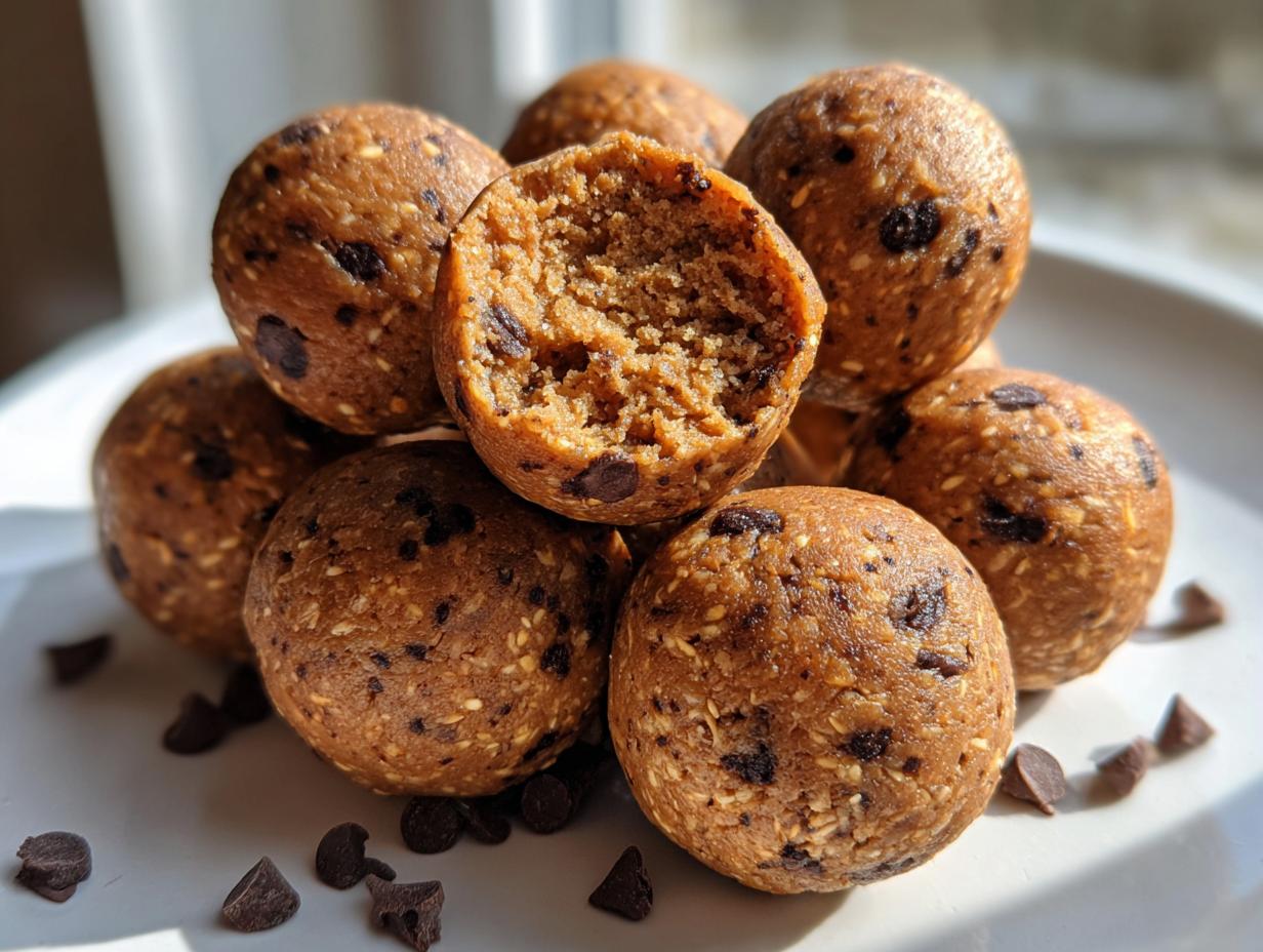 A close-up stack of homemade chocolate chip protein balls, with one cut open showing the texture inside.