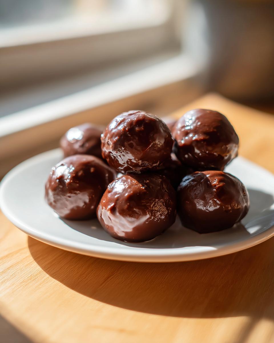 A stack of rich, chocolate-coated pecan pie balls resting on a small white plate near a sunlit window.
