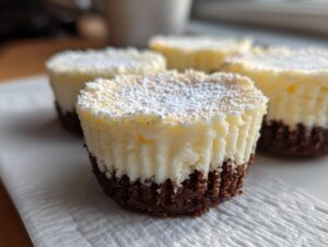 Close-up of a delicious mini cheesecake with a dark chocolate crust, topped with white cream cheese filling and powdered sugar.