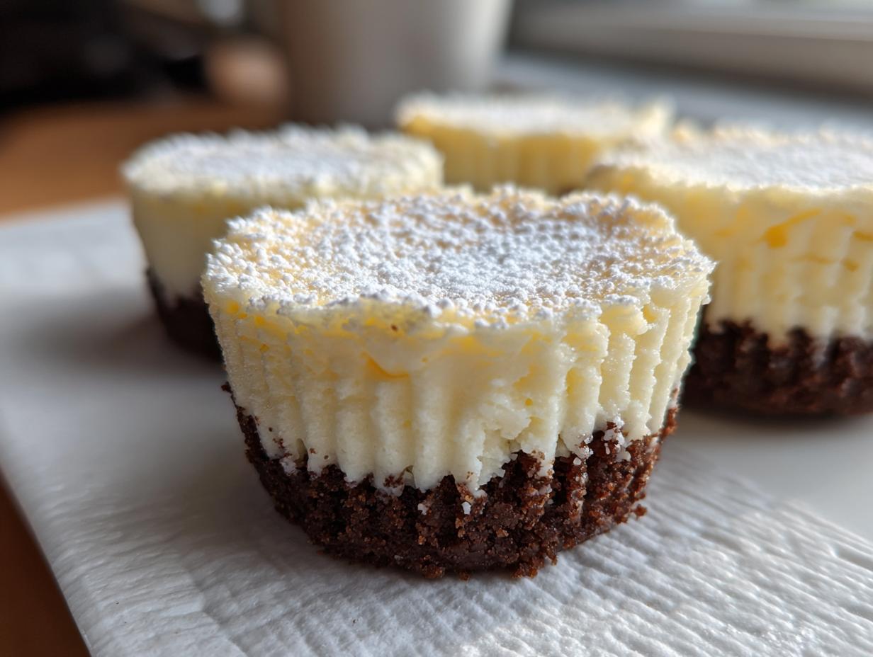 Close-up of a delicious mini cheesecake with a dark chocolate crust, topped with white cream cheese filling and powdered sugar.