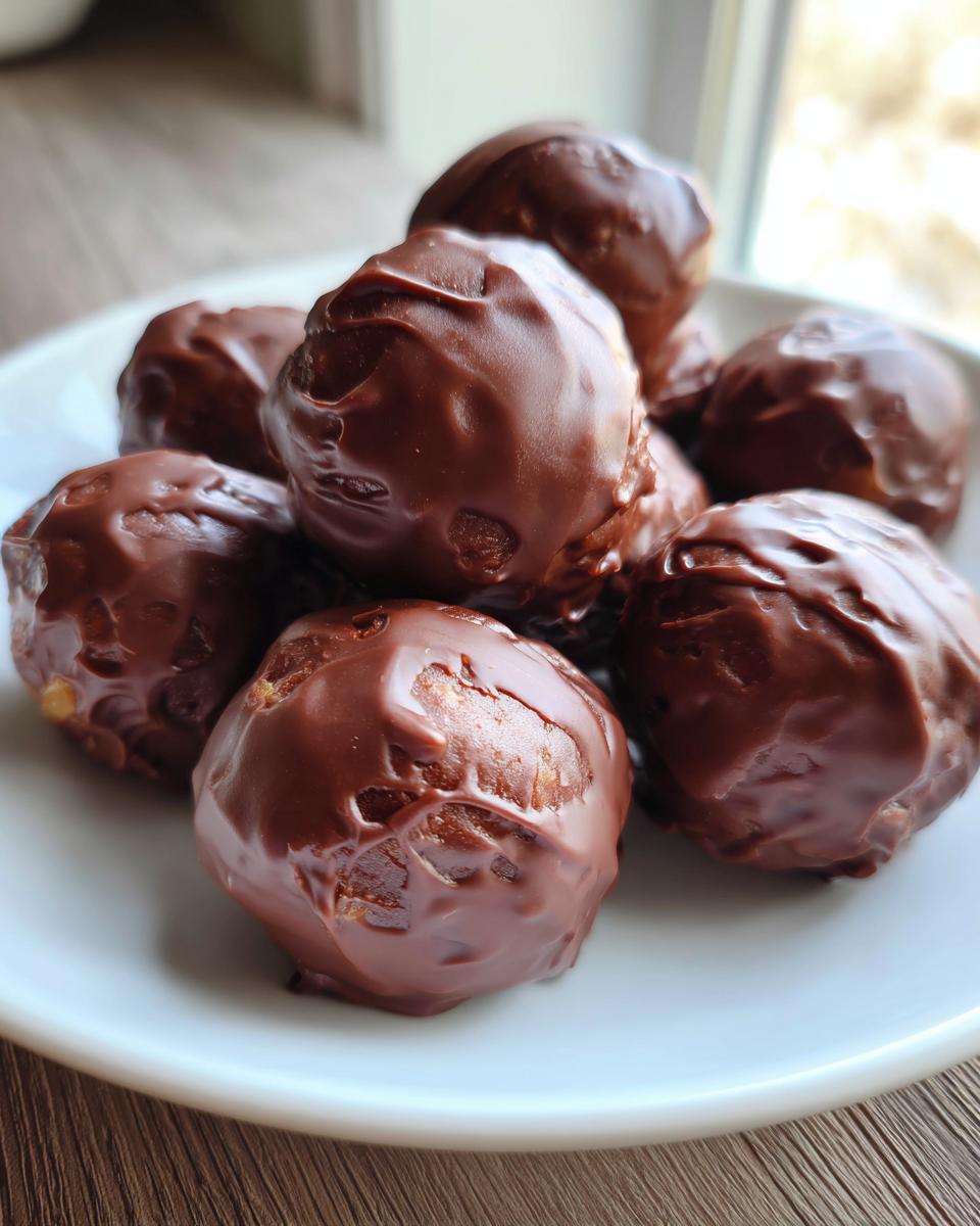 A close-up of several rich, chocolate-coated pecan pie balls piled on a white dish.