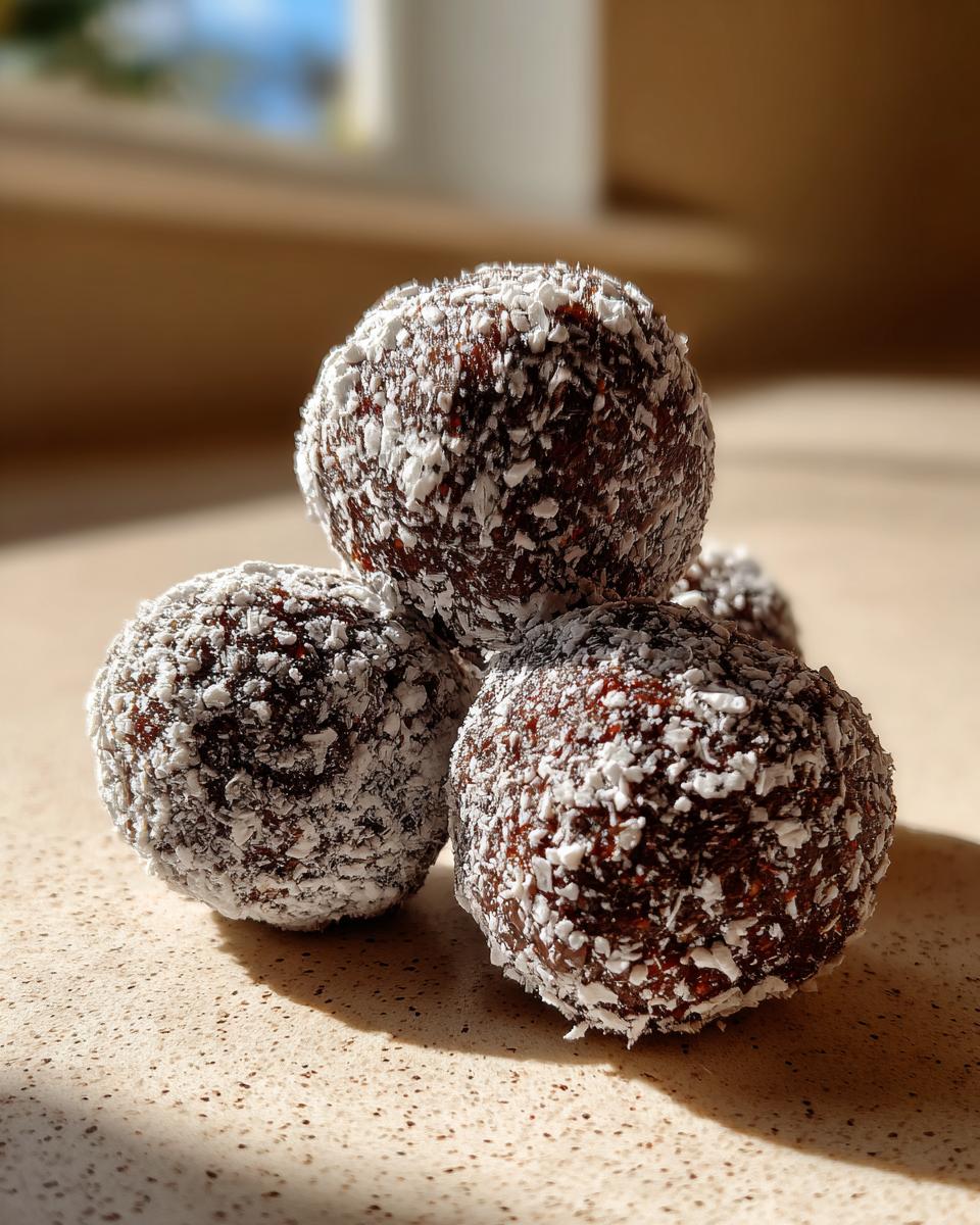 A close-up of four rich chocolate rum balls stacked together, heavily coated in white desiccated coconut.